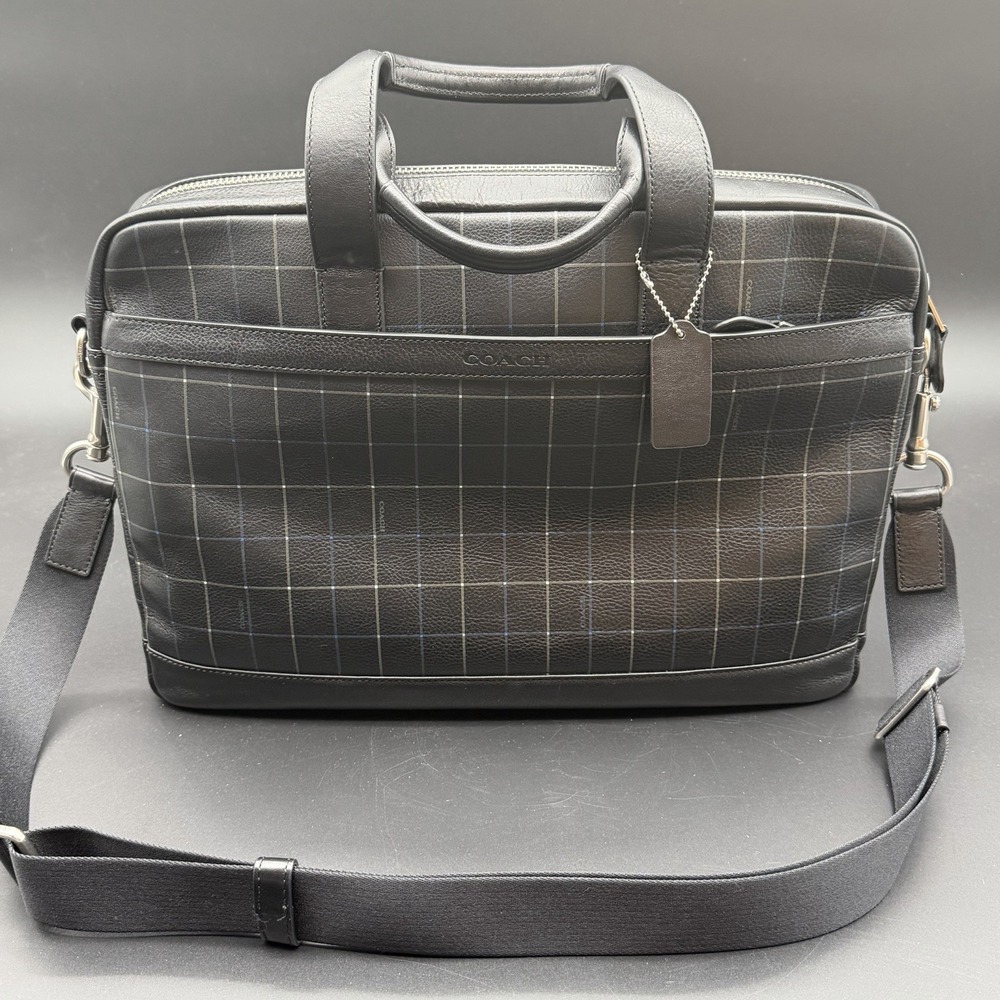 COACH Bag Briefcase Business Men's Leather Black F71561 HUDSON Rare Plaid NWOT